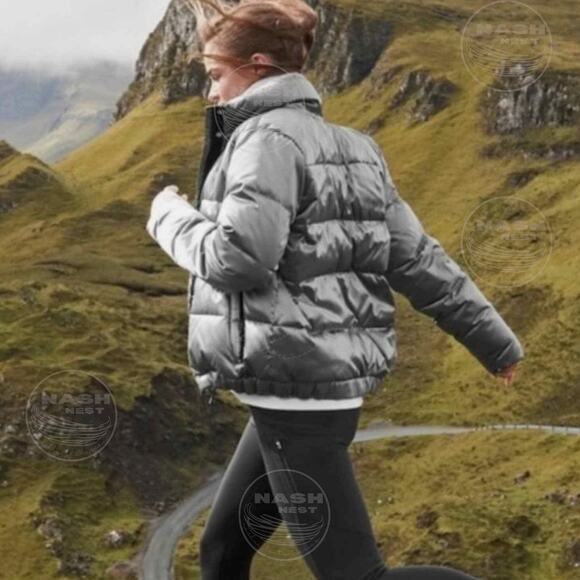 Athleta M Metallic Gray Goose Down Puffer Jacket | 90% Down Warm Silver Coat - Picture 2 of 9